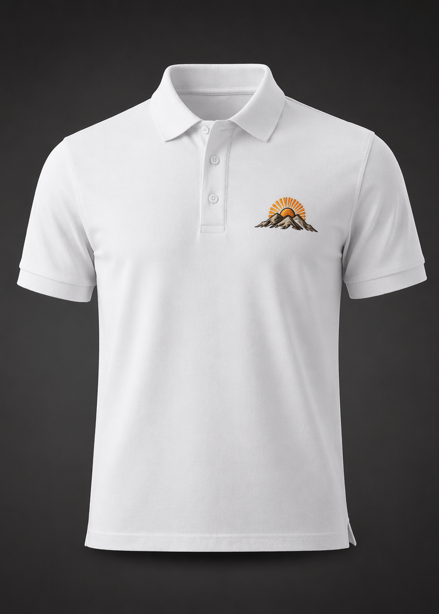 Men’s Classic Polo Shirt Casablanca t shirt on male model wearing white streetwear with Atlantic coast Morocco design