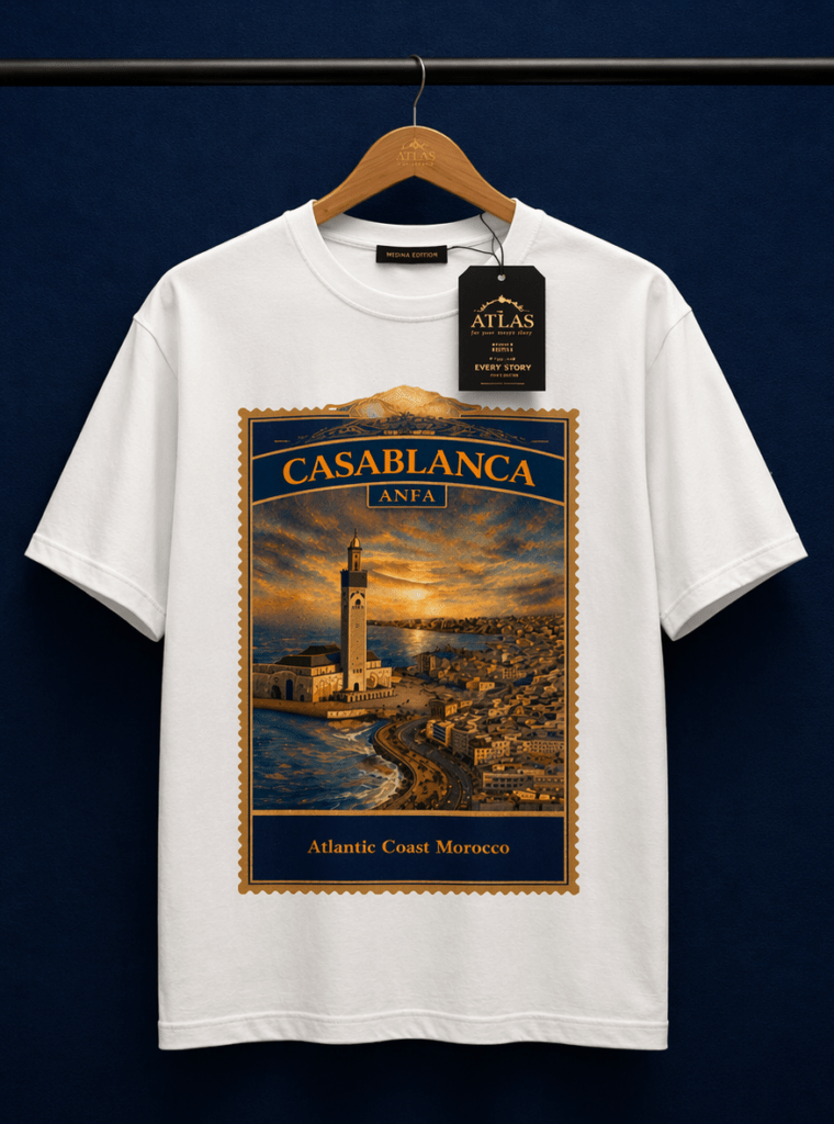 🏙️ Storytelling Casablanca T-Shirts: Where the Ocean Meets the City Soul - inspired by the Atlantic coast, iconic architecture, and the vibrant energy of Morocco’s largest city.