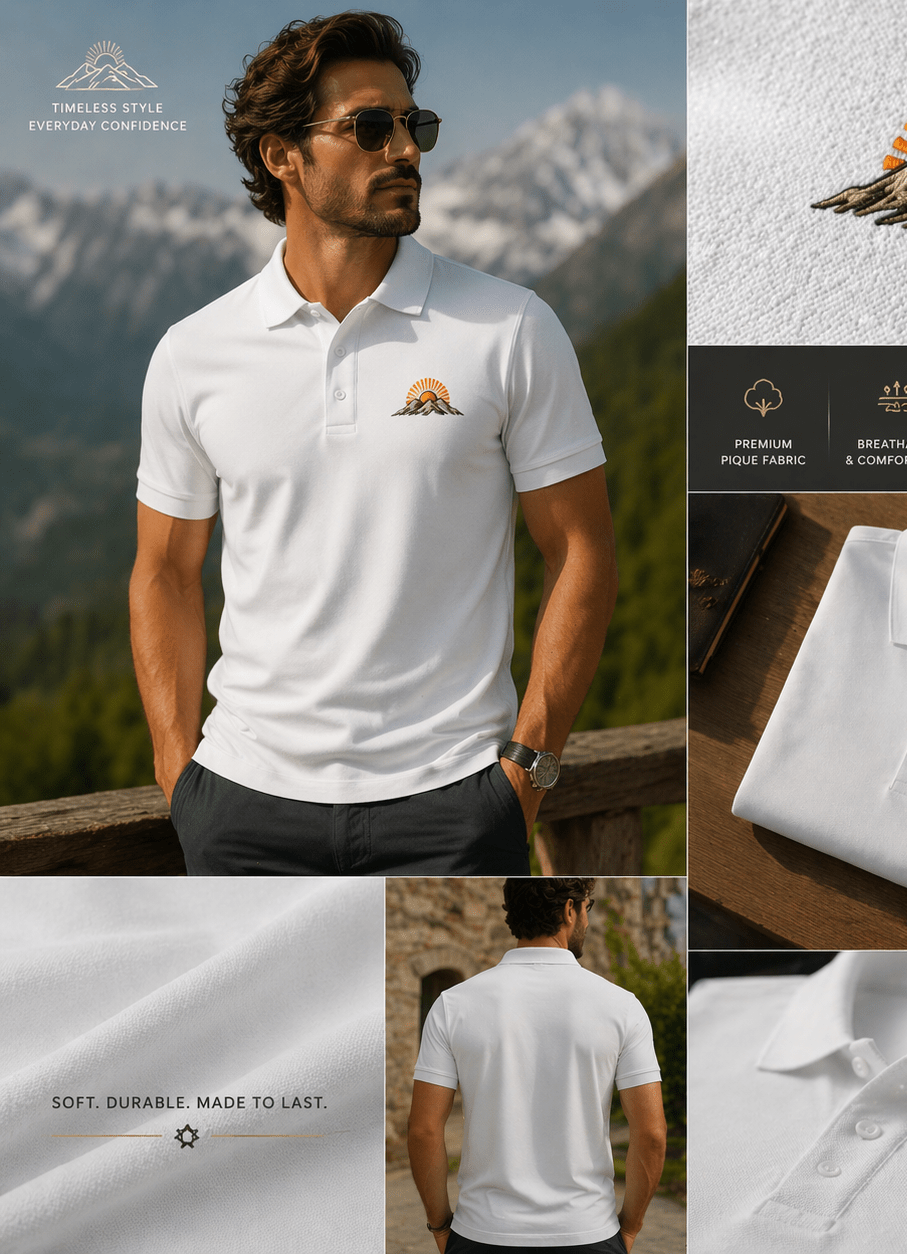 Men’s Classic Polo Shirt Casablanca t shirt on male model wearing white streetwear with Atlantic coast Morocco design