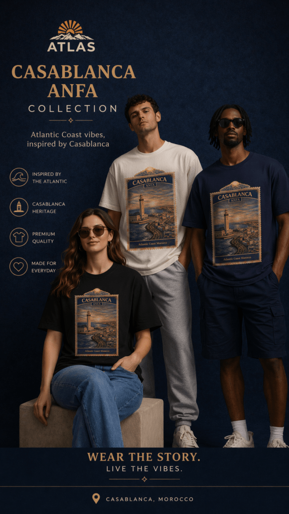 🏙️ Storytelling Casablanca T-Shirts: Where the Ocean Meets the City Soul - inspired by the Atlantic coast, iconic architecture, and the vibrant energy of Morocco’s largest city.