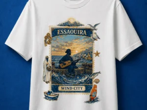 Atlas Essaouira Wind City t-shirt white vintage Moroccan streetwear design with coastal sunset graphic