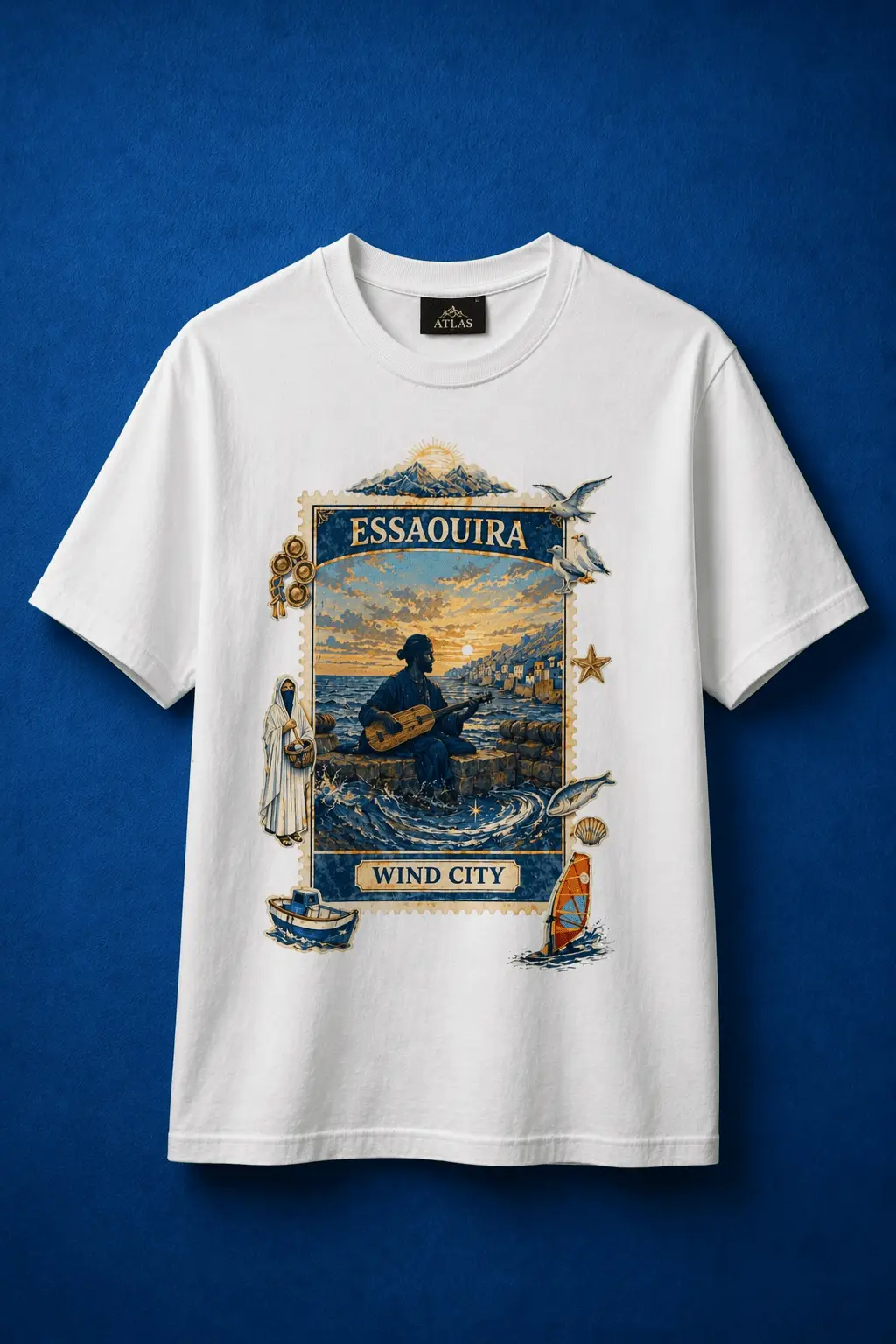 Atlas Essaouira Wind City t-shirt white vintage Moroccan streetwear design with coastal sunset graphic