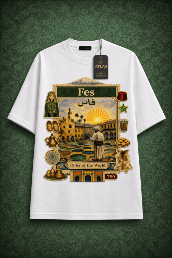 Storytelling Fes t-shirts Fes Morocco graphic t-shirt Atlas brand with medina scene, zellige tiles, traditional man, tea set, leather craft and cultural Moroccan elements