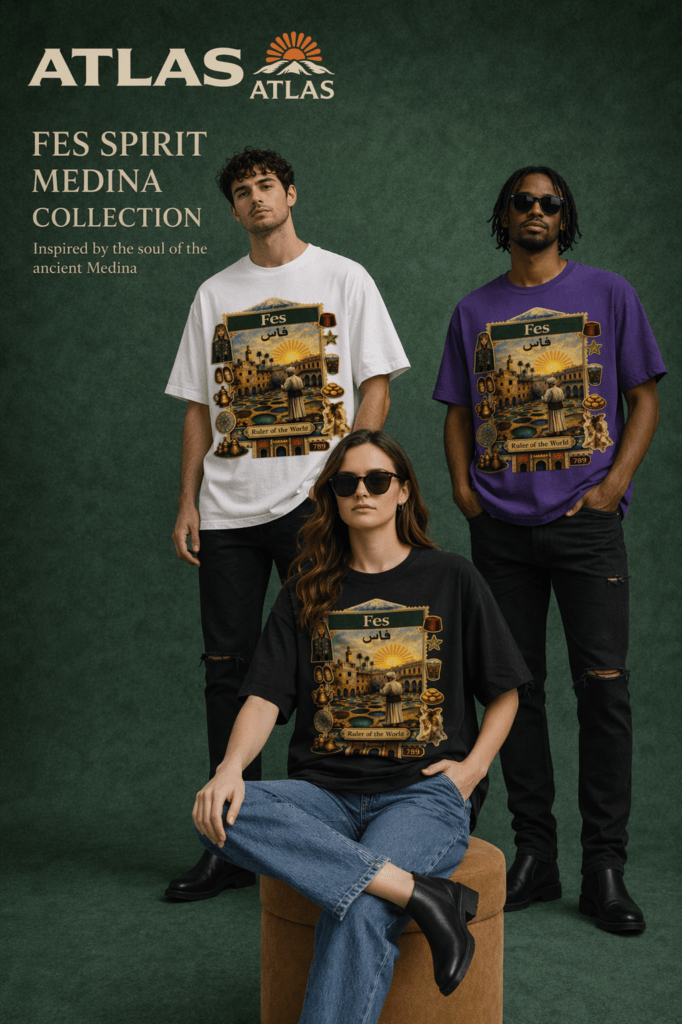 Storytelling Fes t-shirts Fes Morocco graphic t-shirt Atlas brand with medina scene, zellige tiles, traditional man, tea set, leather craft and cultural Moroccan elements