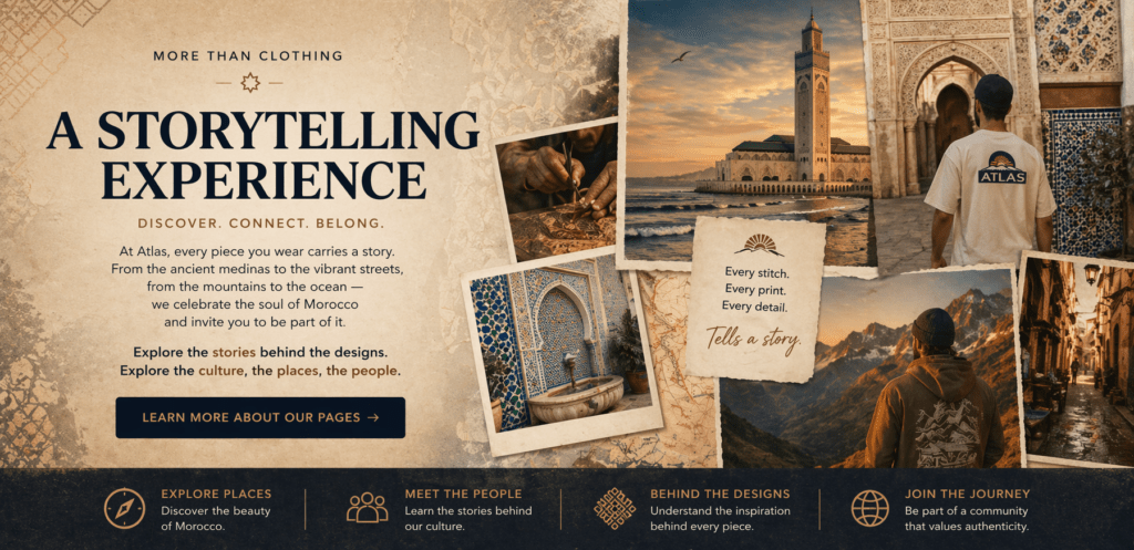 atlas home Moroccan storytelling fashion banner featuring Atlas brand, medina architecture, Hassan II Mosque, Atlas Mountains, and cultural lifestyle collage