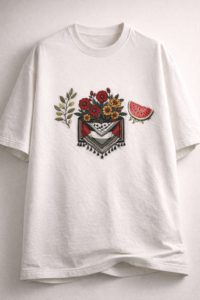 Atlas Palestine collection t-shirt model wearing oversized streetwear with cultural design