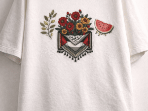 Atlas Palestine collection t-shirt model wearing oversized streetwear with cultural design