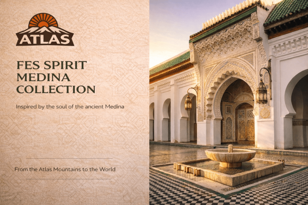 Storytelling Fes t-shirts : Where Every Detail Echoes Centuries of Soulgraphic t-shirt Atlas brand with medina scene, zellige tiles, traditional man, tea set, leather craft and cultural Moroccan elements