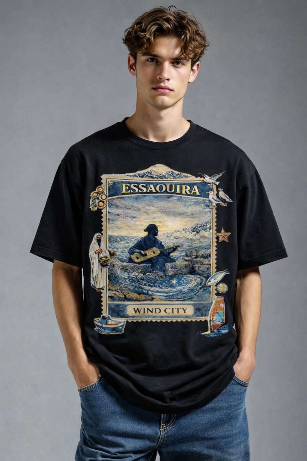 “Model wearing black oversized t-shirt featuring Essaouira Wind City design, inspired by Moroccan seaside and Gnawa culture”