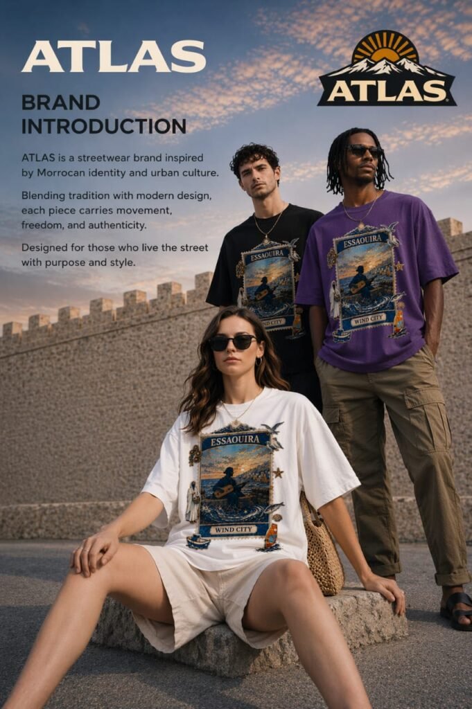 Storytelling Essaouira Wind City graphic t-shirt black oversized Atlas brand Moroccan heritage t-shirt Essaouira design with ocean and musician Atlas streetwear black tee inspired by Essaouira wind city Morocco Artistic Morocco t-shirt with coastal scene and cultural elements