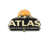 “Atlas brand logo with stylized Atlas Mountains and sun rays, Moroccan-inspired streetwear design with text ‘Born & Raised in Morocco’ on dark background”