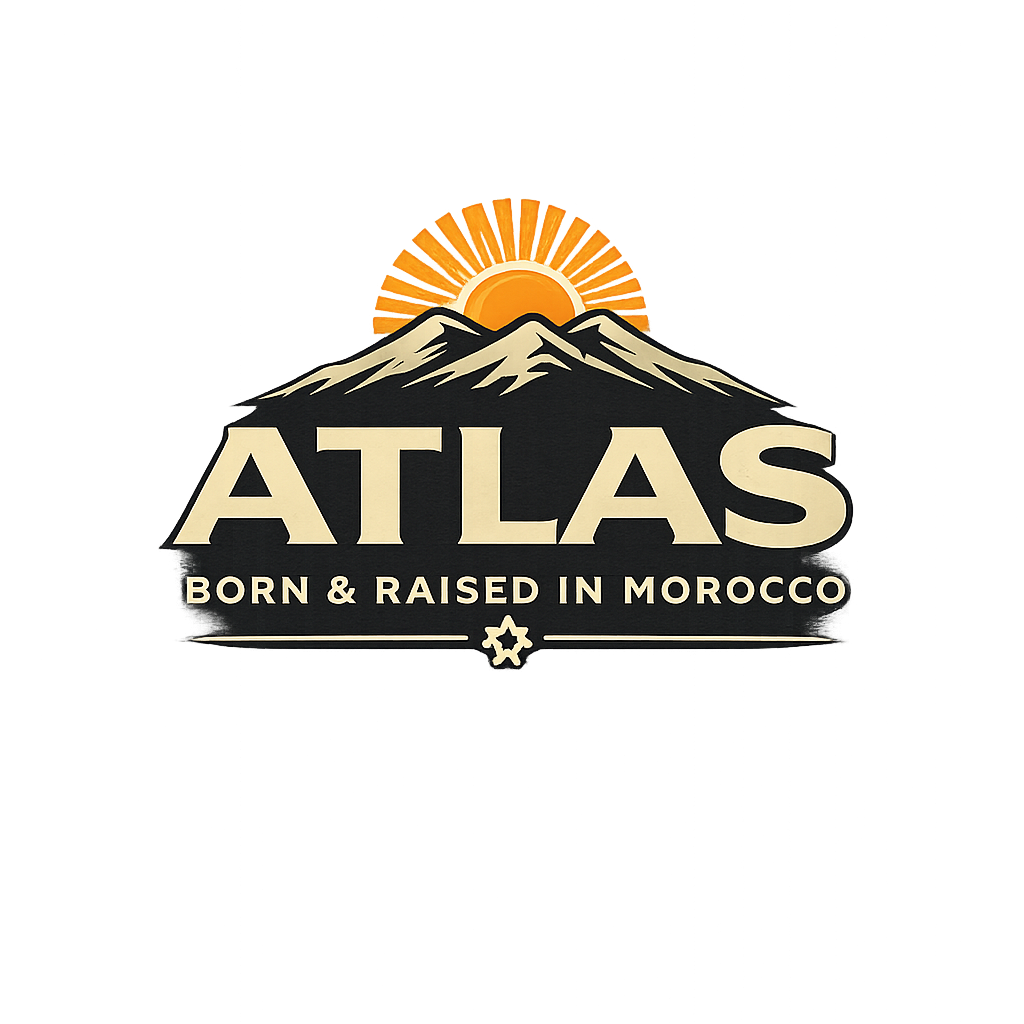 “Atlas brand logo with stylized Atlas Mountains and sun rays, Moroccan-inspired streetwear design with text ‘Born & Raised in Morocco’ on dark background”