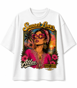 Discover the Sunset Lover Atlas T-Shirt featuring vibrant summer artwork, oversized comfort, and premium streetwear style. Perfect for beach vibes, casual outfits, and trendy summer fashion.