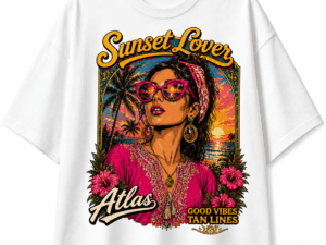 Discover the Sunset Lover Atlas T-Shirt featuring vibrant summer artwork, oversized comfort, and premium streetwear style. Perfect for beach vibes, casual outfits, and trendy summer fashion.